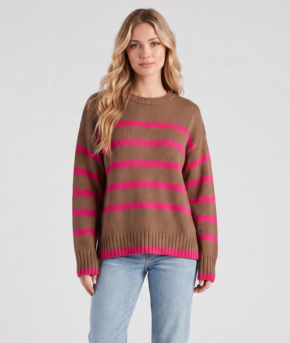 360 Cashmere Striped 100% Cashmere Crewneck Sweater Tan Pink Size XS